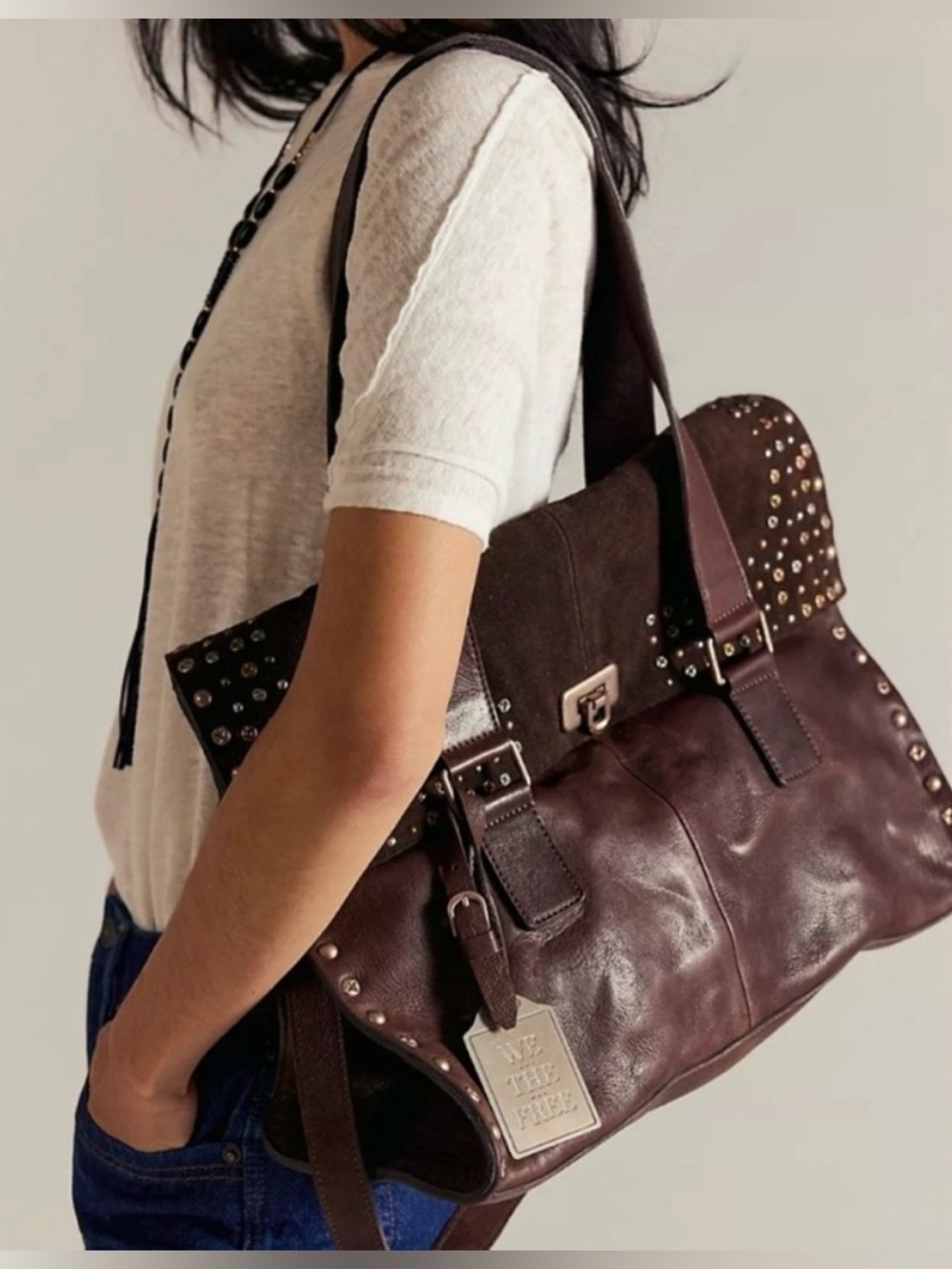 NWT FREE PEOPLE We The Free Shay Stud Tote Handbag Bag Studded Espresso Brown - Picture 5 of 13